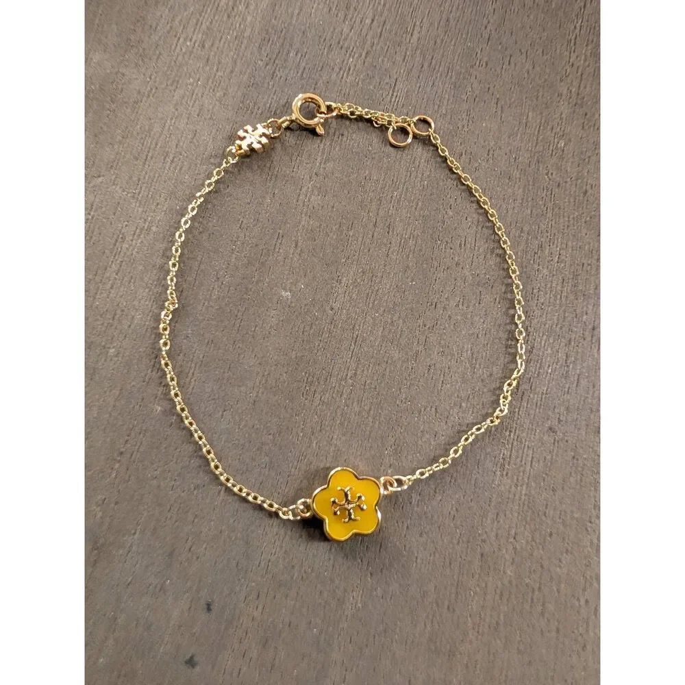 TORY BURCH Kira Yellow Enamel Flower Logo T Gold Chain Bracelet
